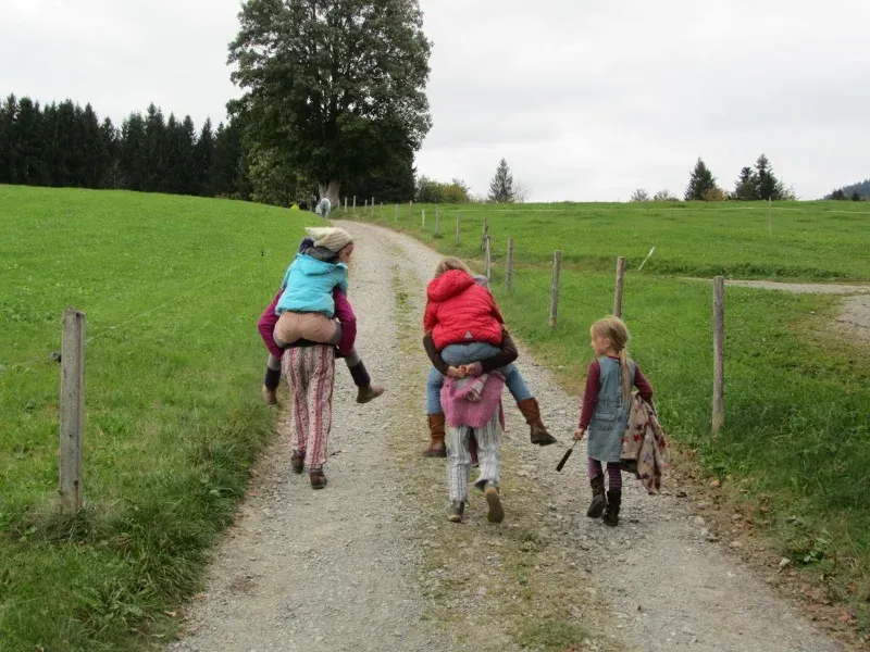 Kindergartenkinder wandern gemeinsam durch eine Wiese